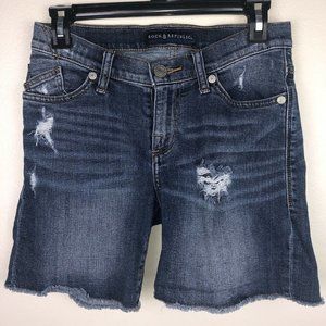 Rock & Republic Distressed Blue Denim Stretch Midi Longer Jean Shorts Size 2